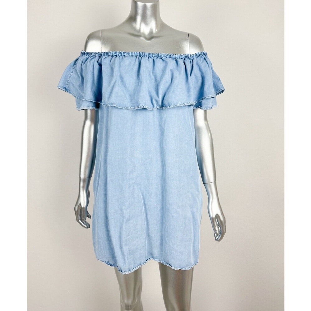 Zara mini Dress Blue Chambray Off The Shoulder Ruffled - Picture 2 of 9